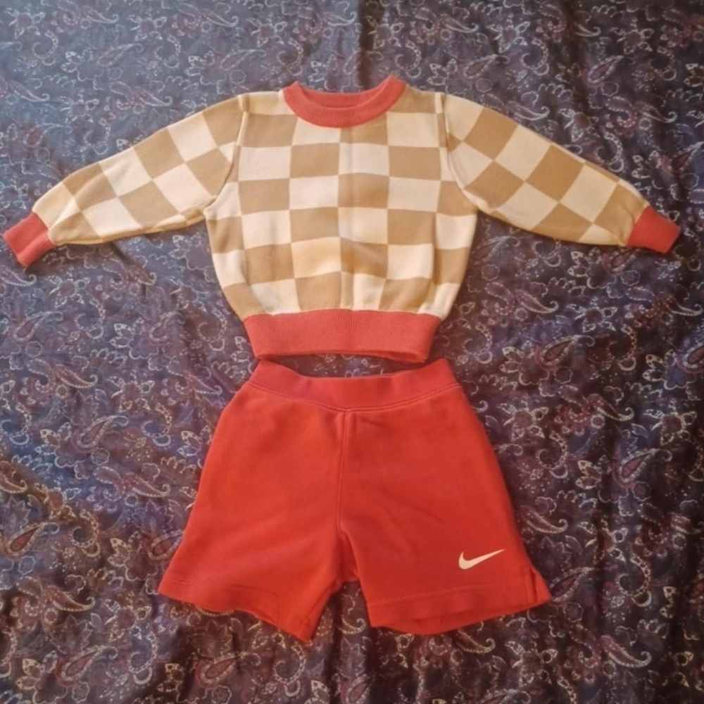 Nike Checkered Sweater and Red Shorts Set